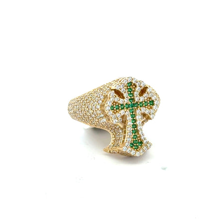 Ring CZ-Iced Embellished Green Latin Cross 11 3mm 10K