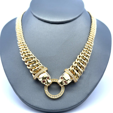 Necklaces Princess Cut with Panther Heads on Pave Ring 19.5mm 17" 14K