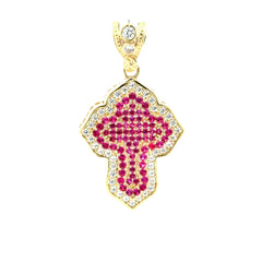 Pendant CZ-Iced Trefoil Pink Stepped Angular Cross 42 10K