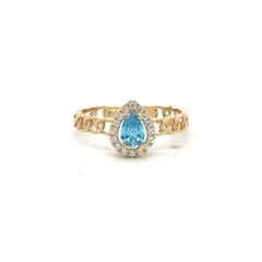 Ring Link Band Sky Blue Teardrop Stone and CZ 7 2.5mm 10K