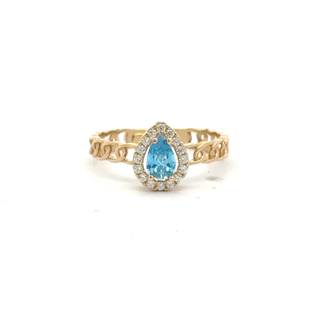 Ring Link Band Sky Blue Teardrop Stone and CZ 7 2.5mm 10K