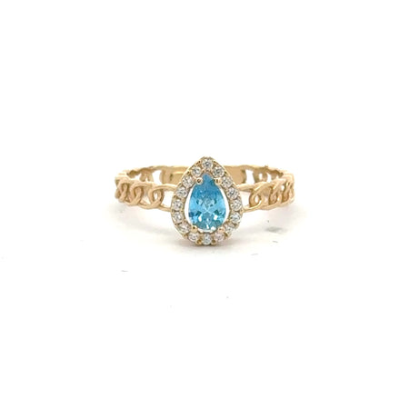 Ring Link Band Sky Blue Teardrop Stone and CZ 7 2.5mm 10K