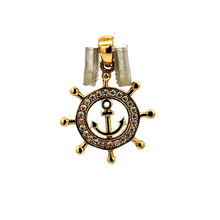Pendant Ship’s Wheel with CZ & Anchor 23.5 10K