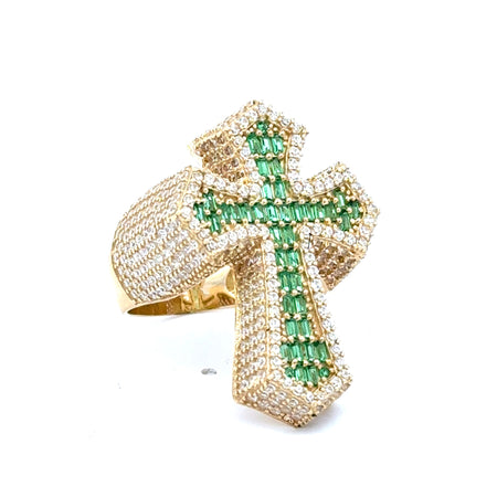 Ring CZ-Iced Big Green Pattee Cross 9 4.5mm 10K