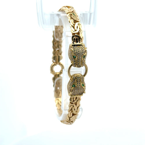 Bracelet Byzantine with CZ-Iced Panther Heads on Ring 7.5mm 7.5" 10K