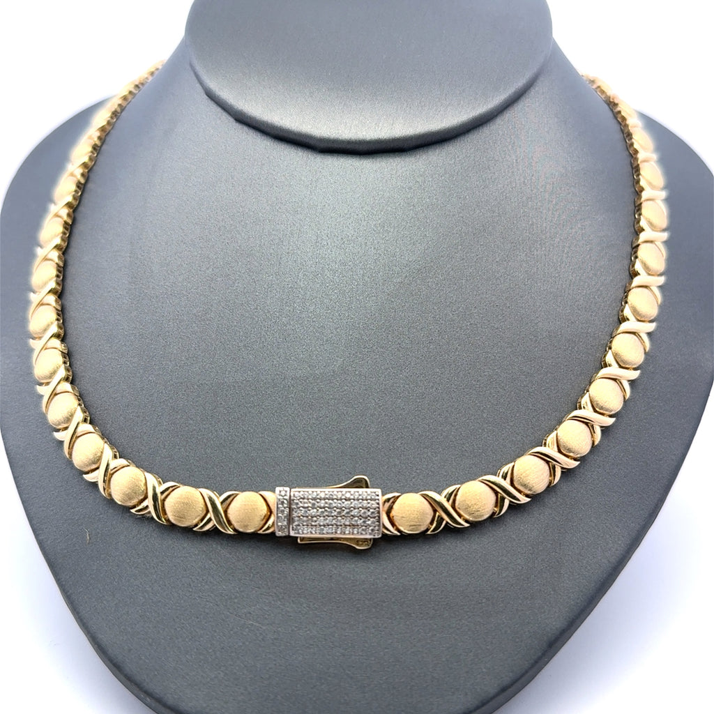 Necklaces Textured X&O with CZ-Iced Sleek Lock 6.5mm 17" 14K