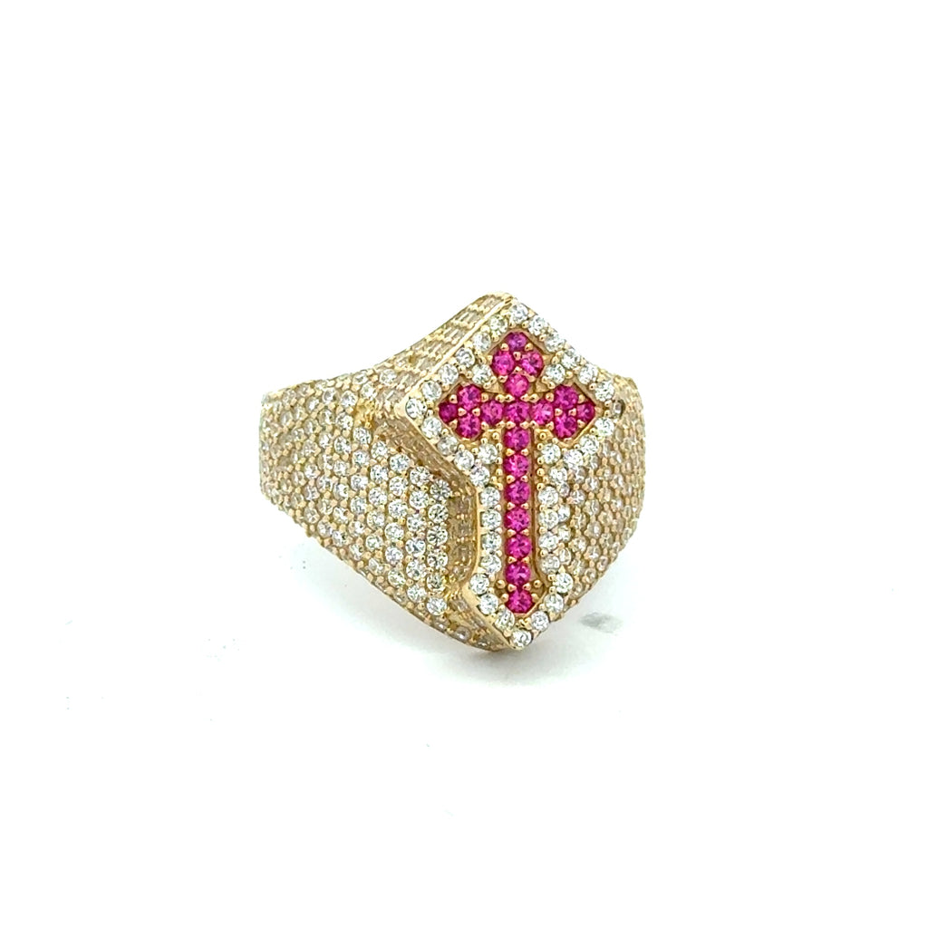 Ring CZ-Iced Shield Angular Pink Cross 9 4mm 10K