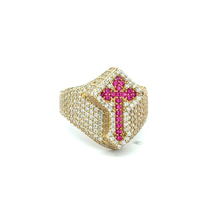 Ring CZ-Iced Shield Angular Pink Cross 9 4mm 10K