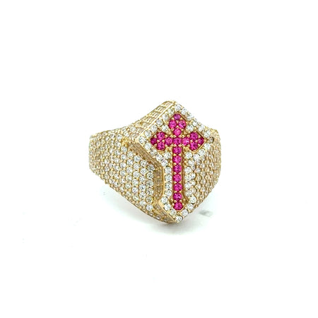 Ring CZ-Iced Shield Angular Pink Cross 9 4mm 10K