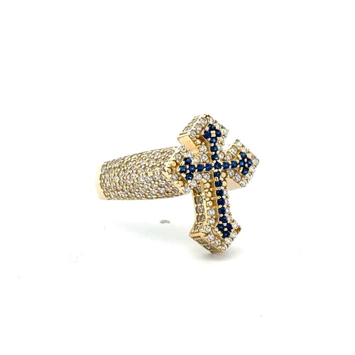 Ring CZ-Iced with Blue Angular Cross 11 3.5mm 10K