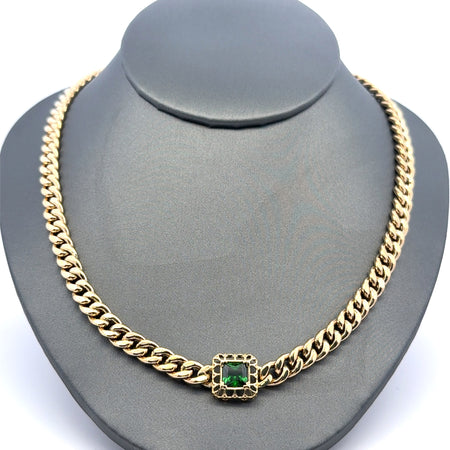 Necklaces Hollow Cuban with Green Stone Detail 6mm 18.5" 10K