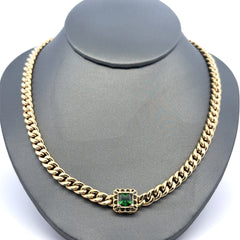 Necklaces Hollow Cuban with Green Stone Detail 6mm 17" 10K