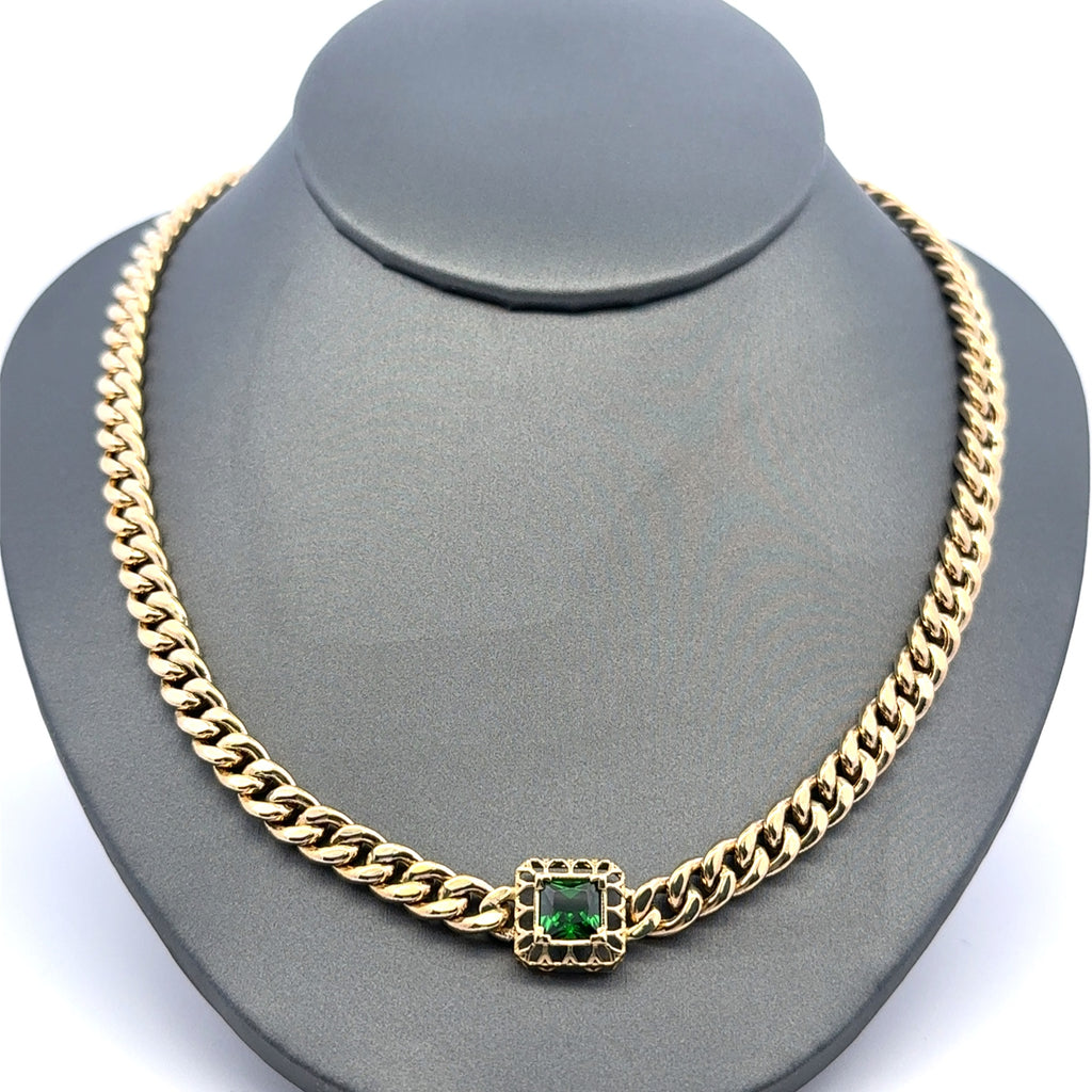 Necklaces Hollow Cuban with Green Stone Detail 6mm 18.5" 10K