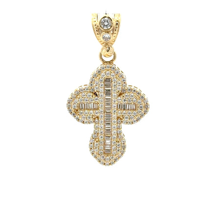Pendant CZ-Iced with Baguette Stones in Trefoil Cross 39 10K