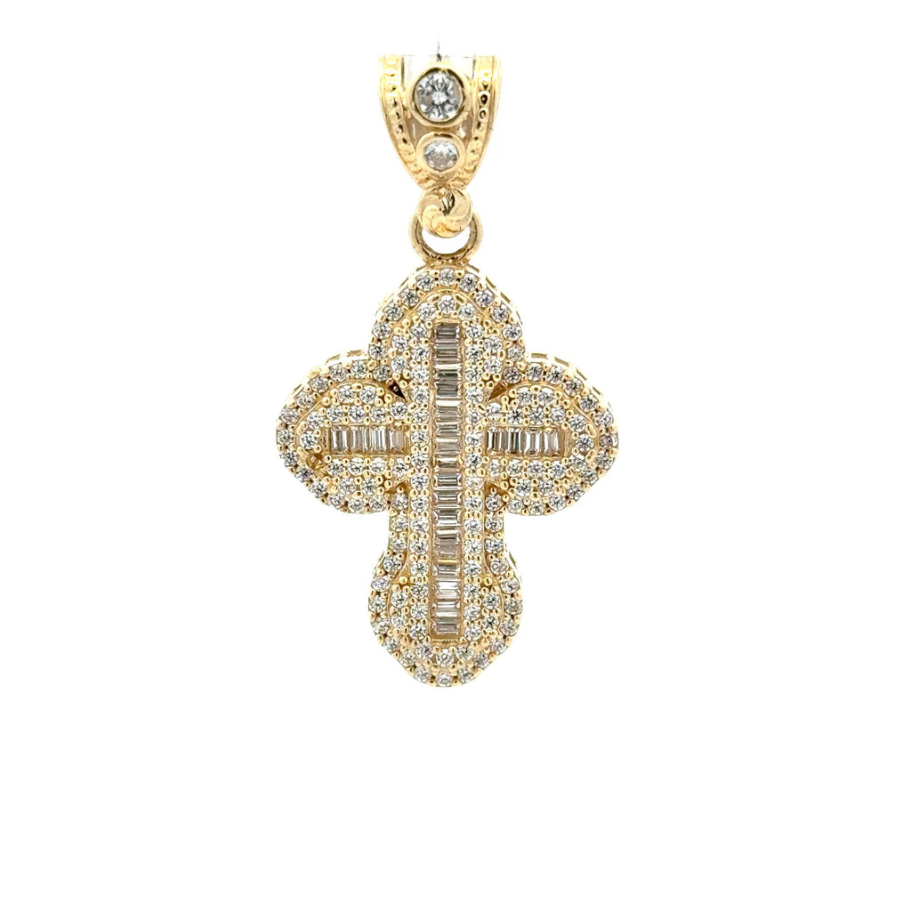 Pendant CZ-Iced with Baguette Stones in Trefoil Cross 39 10K
