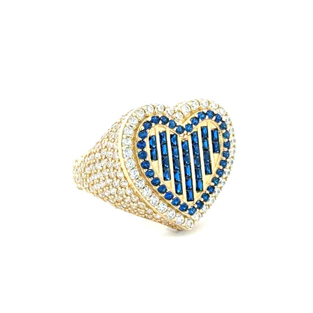 Ring CZ-Iced with Blue Baguette Stones in Big Stepped Heart 9 3.5mm 10K