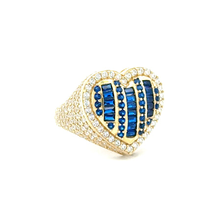 Ring CZ-Iced with Blue Baguette Stones in Big Puff Heart 9 3.5mm 10K