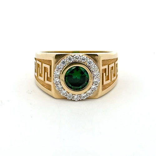 Ring Greek Key with Green Round Stone & CZ 11 4mm 10K