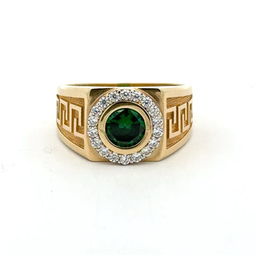 Ring Greek Key with Green Round Stone & CZ 11 4mm 10K