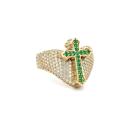 Ring CZ-Iced Shield Green Cross 9 4mm 10K