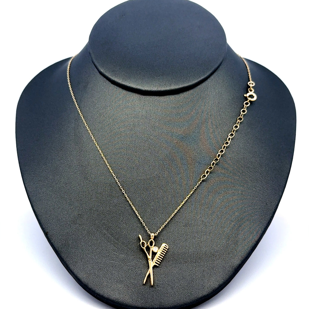 Chain Boston w Barber Shears, Comb & CZ Pendant 0.5mm 18" 10K