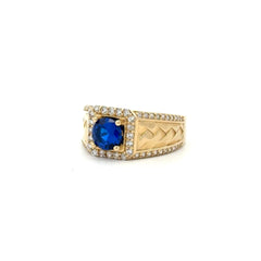 Ring Weave in DBL Ch-Set CZ & Halo Royal Blue Round Stone 11 4mm 10K