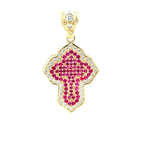 Pendant CZ-Iced Trefoil Pink Stepped Angular Cross 42 10K