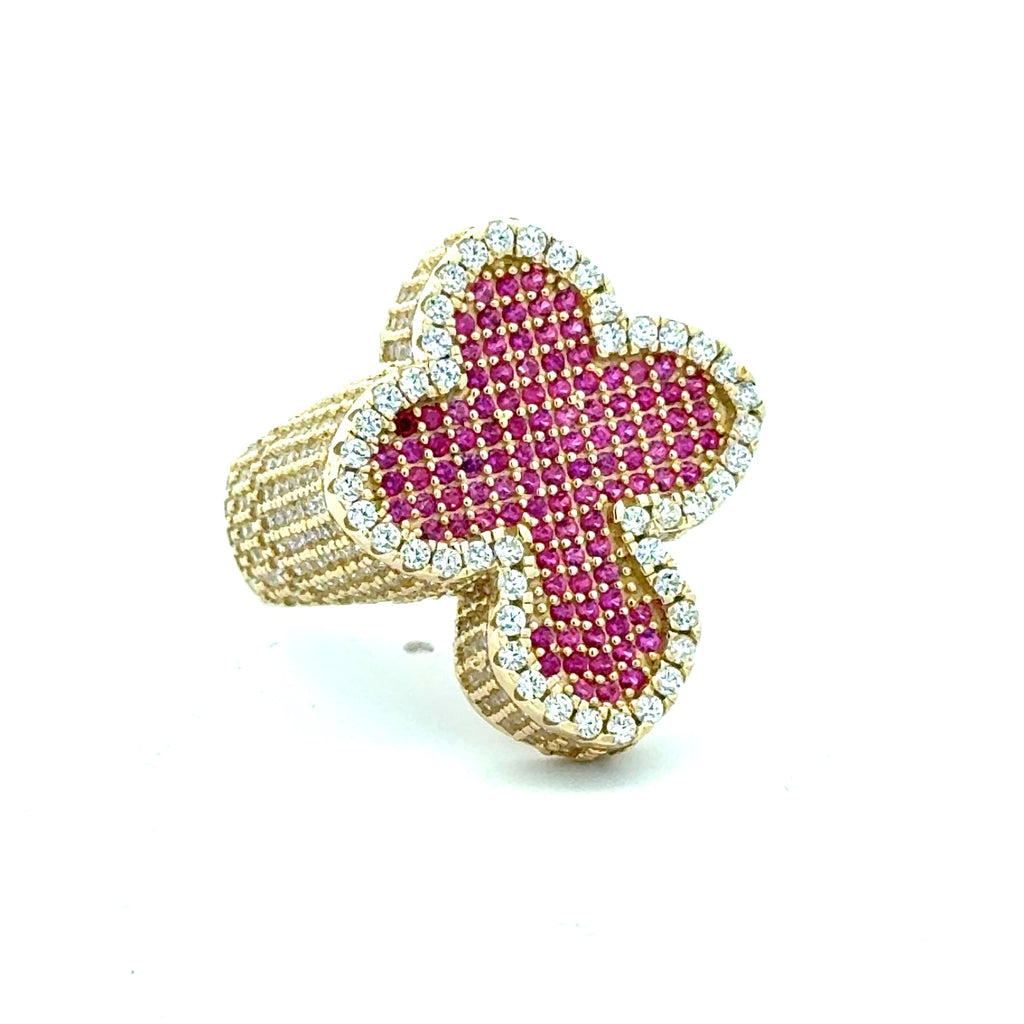 Ring CZ-Iced Trefoil Pink Cross 9.5 4.5mm 10K