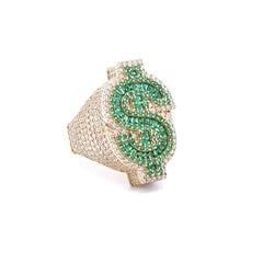 Ring CZ-Iced Big Green Dollar Sign 9 4.5mm 10K