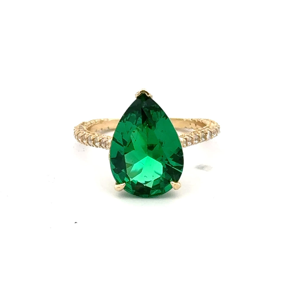 Ring Women CZ-Iced Band Green Teardrop Stone 7 1.5mm 10K