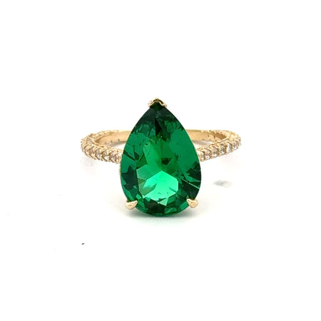Ring Women CZ-Iced Band Green Teardrop Stone 7 1.5mm 10K