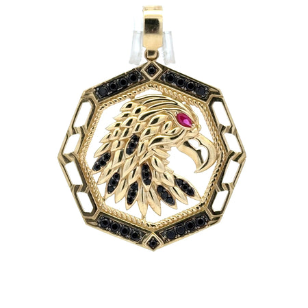 Pendant Red-Eyed Eagle’s Head in Openwork Medallion with Black CZ 50.5 14K