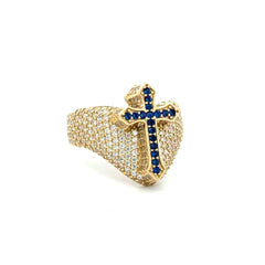 Ring CZ-Iced Shield Blue Cross 11 4mm 10K