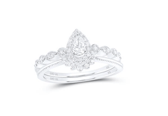 GND Bridal Ring Set 10k White Gold Pear Diamond Halo Bridal Wedding Ring Set 3/8 Cttw (Certified)
