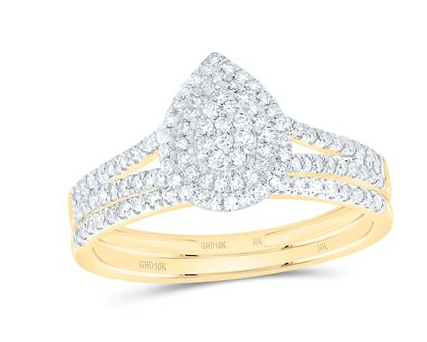 GND Bridal Ring Set 10kt  Gold Pear Diamond Halo Bridal Wedding Ring Band Set 3/8 Cttw