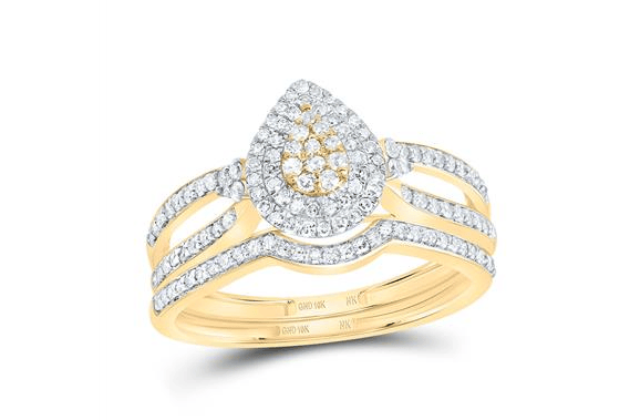10kt  Gold Round Diamond 1/2CTW-NAT DIA NK PEAR DOUBLE HALO BRIDAL SET