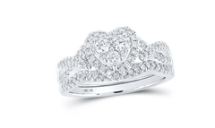 GND Bridal Ring Set 10kt White Gold Round Diamond Heart Bridal Wedding Ring Band Set 5/8 Cttw