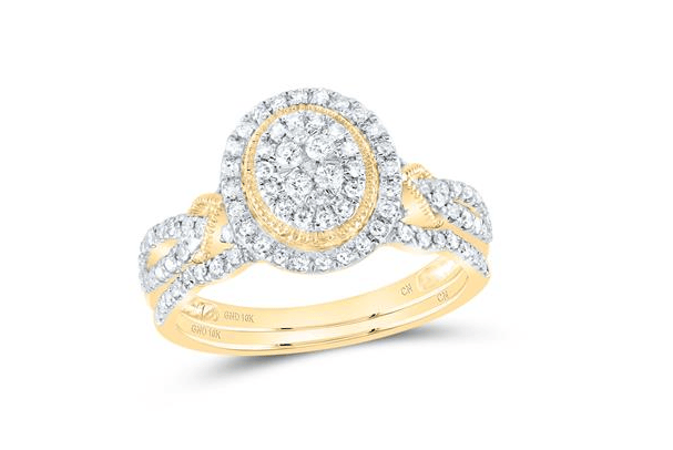 GND Bridal Ring Set 10kt Yellow Gold Round Diamond 1/2CTW-NAT DIA CN OVAL DOUBLE HALO BRIDAL SET
