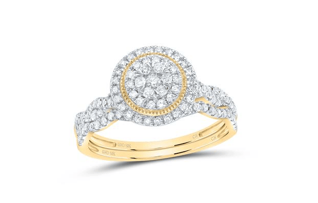 GND Bridal Ring Set 10kt Yellow Gold Women Diamonds 1/2CTW-NAT DIA CN ROUND DOUBLE HALO BRIDAL SET
