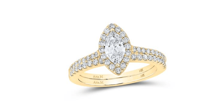 GND Bridal Ring Set 14kt  Gold Marquise Diamond Halo Bridal Wedding Ring Band Set 1 Cttw