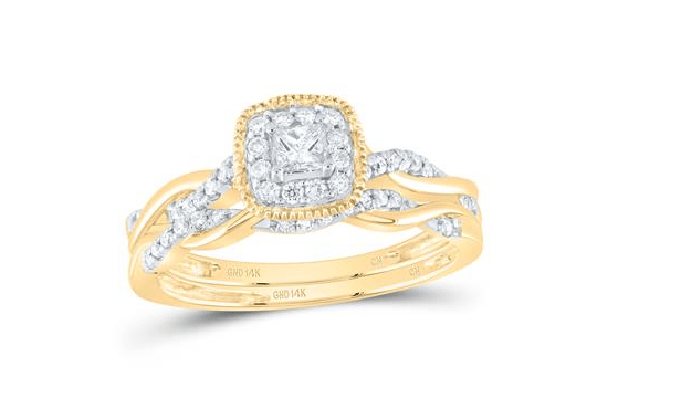 GND Bridal Ring Set 14kt  Gold Round Diamond 1/3CTW-NAT DIA CN CUSHION SINGLE HALO BRIDAL SET