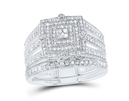 14ktGold Princess Diamond 1/2CTW-NAT DIA NK SQUARE DOUBLE HALO BRIDAL SET