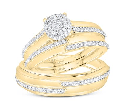 GND His & Hers Trio Wedding Ring Set 10kt Gold His Hers Round Diamond Cluster Matching Wedding Set 3/8 Cttw