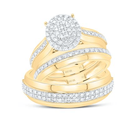 GND His & Hers Trio Wedding Ring Set 10kt Yellow Gold His Hers Round Diamond Cluster Matching Wedding Set 1/2 Cttw