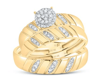 GND His & Hers Trio Wedding Ring Set 10kt Yellow Gold His Hers Round Diamond Cluster Matching Wedding Set 1/4 Cttw