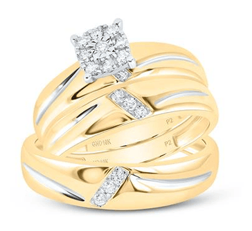 GND His & Hers Trio Wedding Ring Set 10kt Yellow Gold His Hers Round Diamond Cluster Matching Wedding Set 1/5 Cttw
