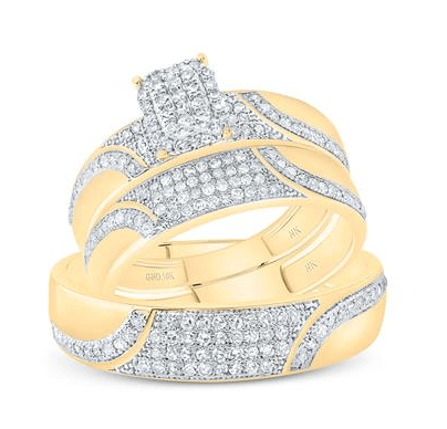 GND His & Hers Trio Wedding Ring Set 10kt Yellow Gold His Hers Round Diamond Cluster Matching Wedding Set 5/8 Cttw