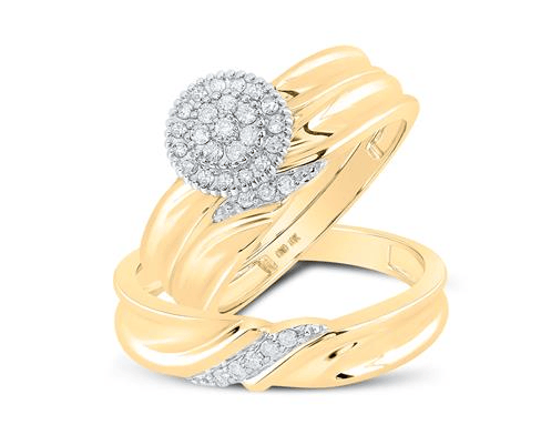 GND His & Hers Trio Wedding Ring Set 10kt Yellow Gold His Hers Round Diamond Square Matching Wedding Set 1/4 Cttw