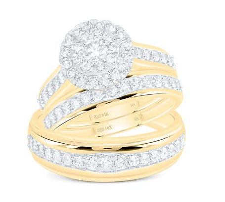 GND His & Hers Trio Wedding Ring Set 14kt Yellow Gold His Hers Round Diamond Cluster Matching Wedding Set 1-3/8 Cttw
