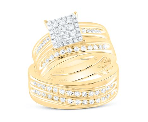 GND His & Hers Trio Wedding Ring Set 14kt Yellow Gold His Hers Round Diamond Square Matching Wedding Set 3/4 Cttw
